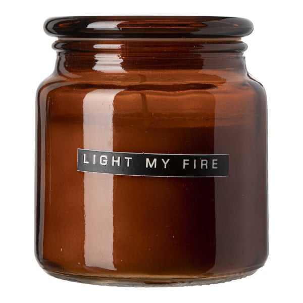 Grote geurkaars cedarwood bruin glas ' light my fire'