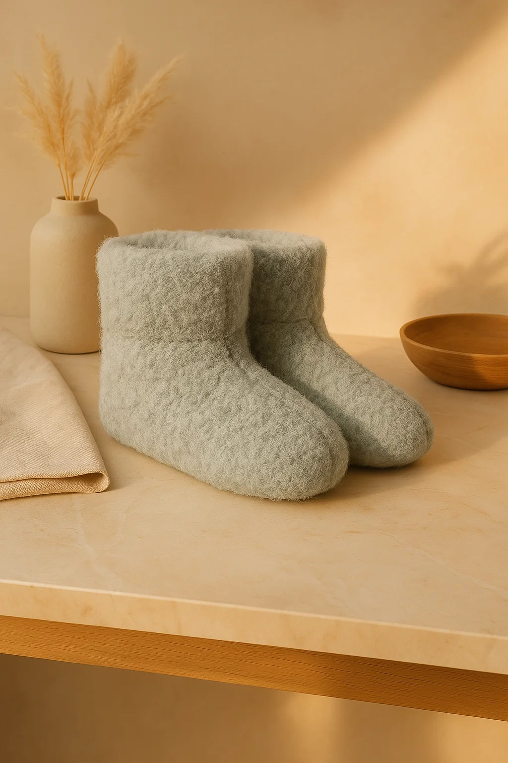 Noordiq merino sloffen close-up van zachte wollen textuur