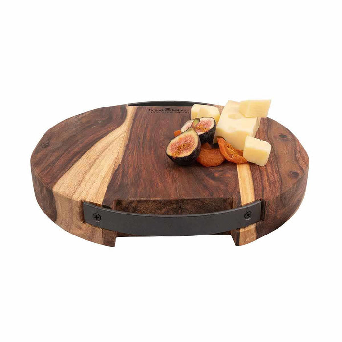 Pure Rose Wood Serving board round 2 metal handles 29 cm