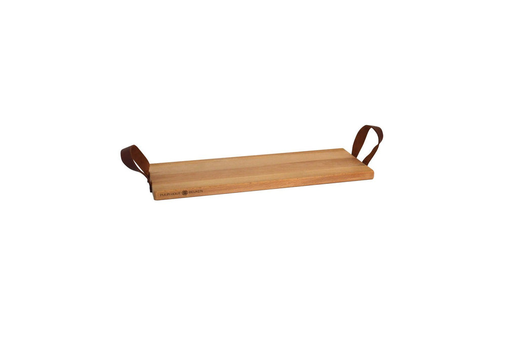 Serviertablett aus Buchenholz, 49 x 19,5 cm, Griff aus Leder