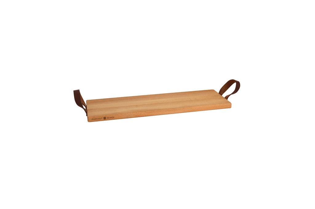 Serviertablett aus Buchenholz, 59 x 19,5 cm, Griff aus Leder