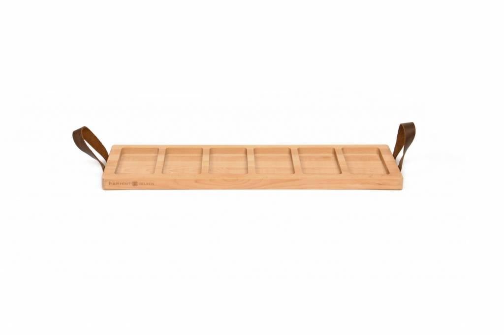 Street food tray-Beech wood 6 compartments - 59cm handle leather
