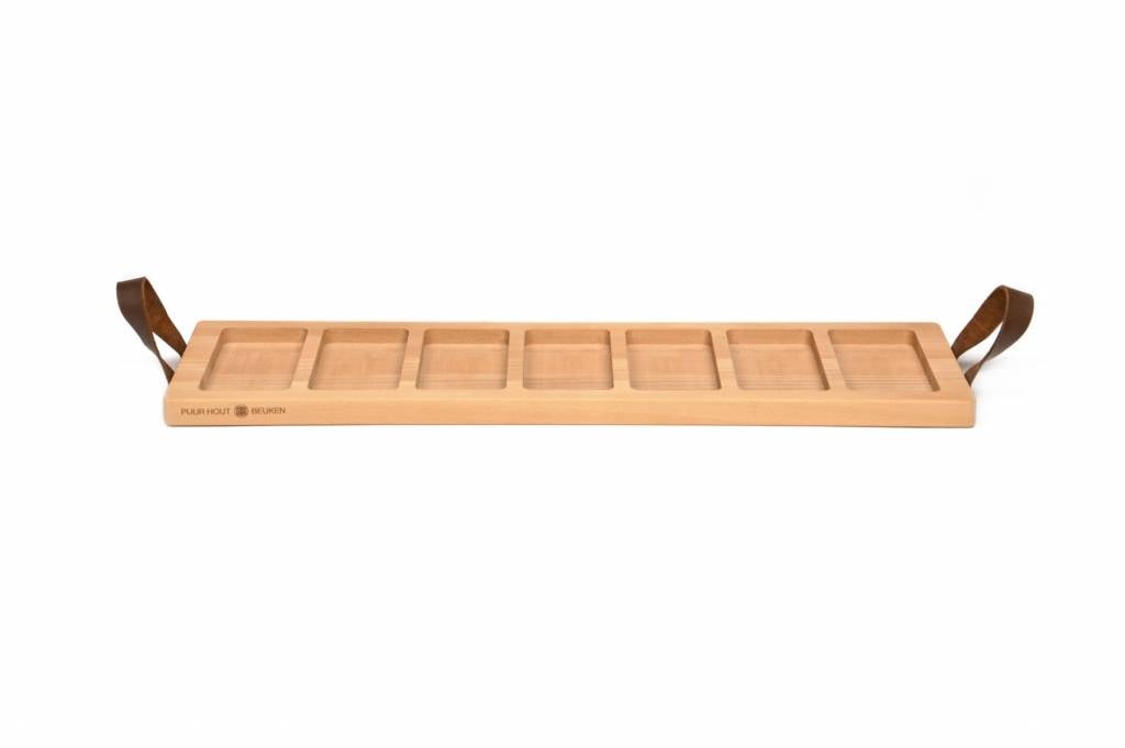 Streetfood-Tablett – Buchenholz, 7 Fächer – 69 cm Griff aus Leder