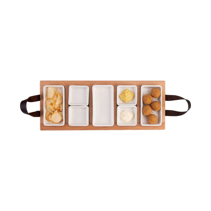Street food tray Beech wood 49 cm 5 compartments with 4+3 WHITE drink containers