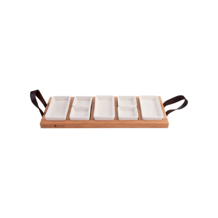 Street food tray Beech wood 49 cm 5 compartments with 4+3 WHITE drink containers