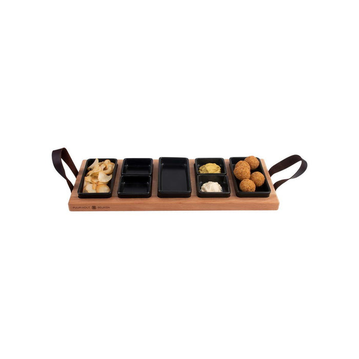 Street food tray Beechwood 49 cm 5 compartments with 4+3 BLACK drink containers