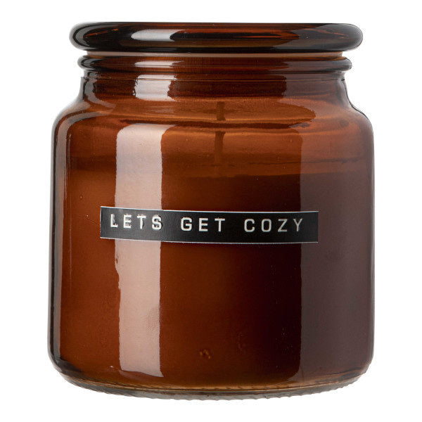Große Duftkerze aus braunem Zedernholzglas „Let's get cosy“