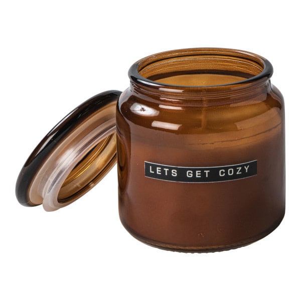 Large scented candle cedarwood brown glass 'let's get cozy'