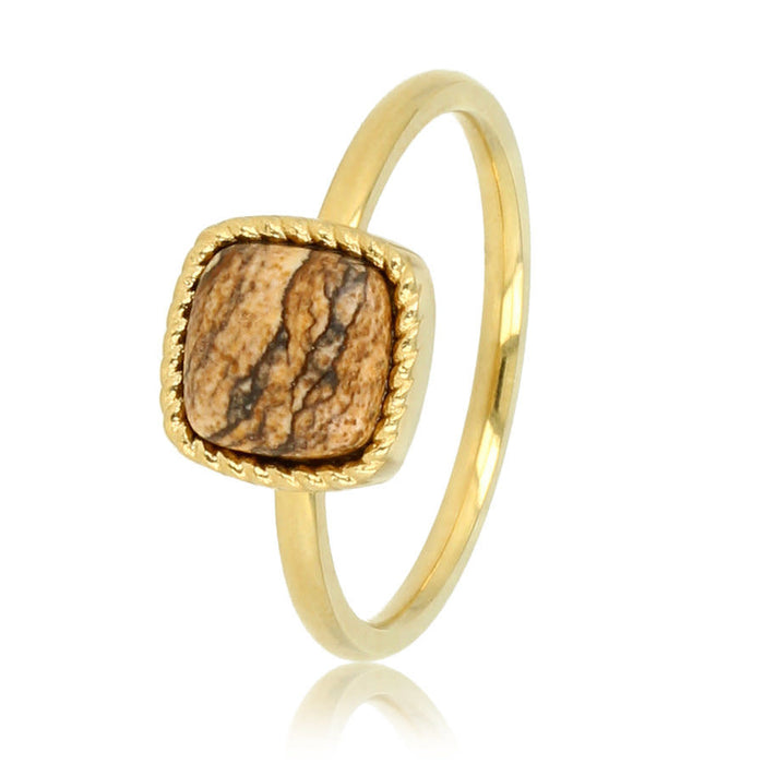 Ring Gold Signet Ring with Picture Jasper Gemstone