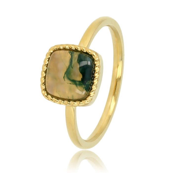 Ring Gold Signet Ring with Moss Agate Gemstone